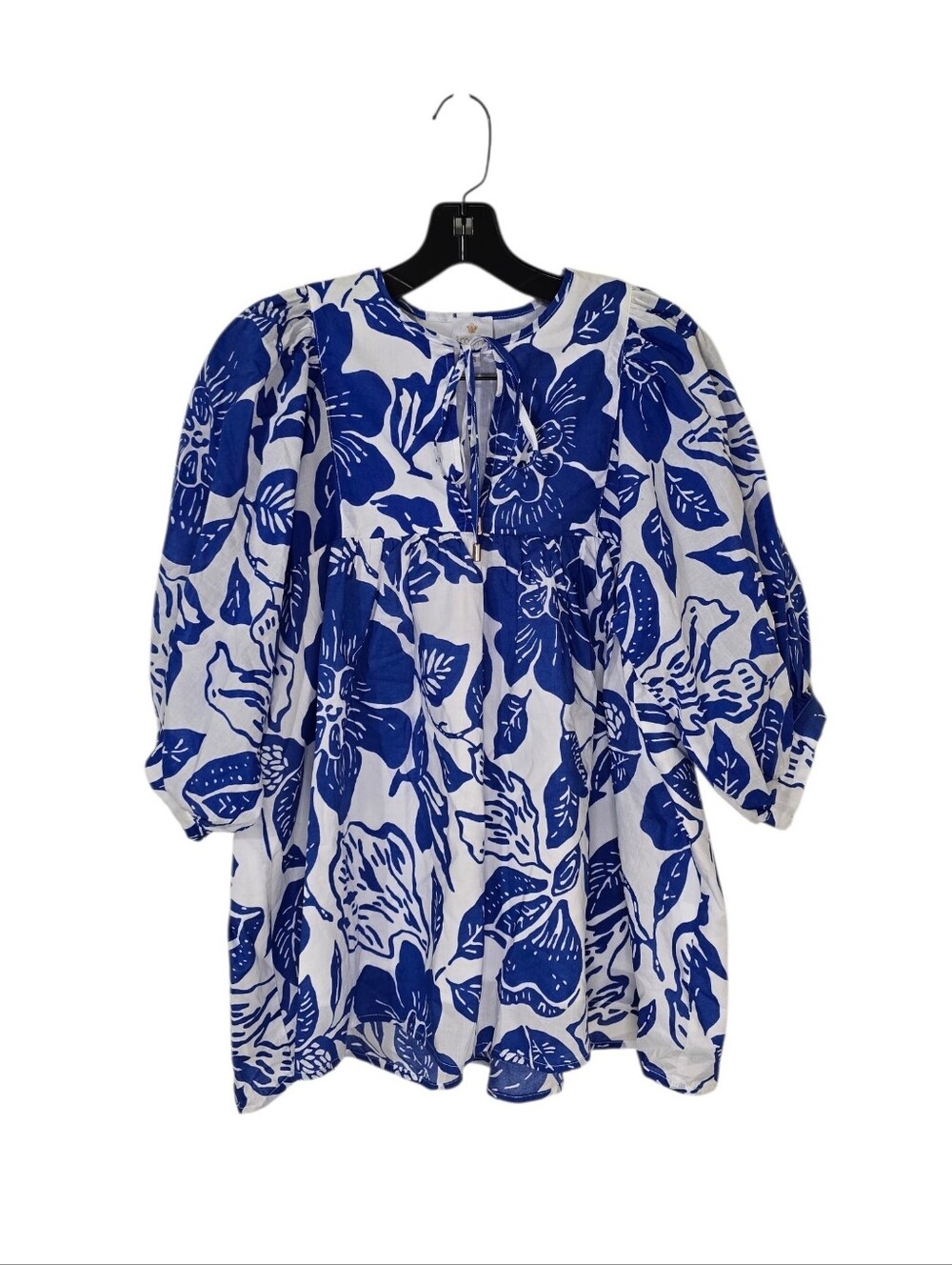 J. Marie Laken Puff Sleeve Tunic Blouse Blue White Women's XS Resortwear